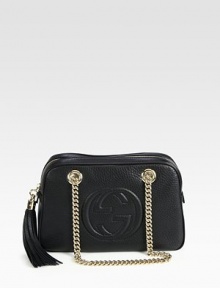 A classic shape with stunning gold chain straps, this leather shoulder bag deserves all the attention it gets.LeatherLight fine gold hardwareDouble shoulder chain straps mounted with rivets, 7.9 dropTop zip closureEmbossed interlocking GDetachable leather tasselNatural cotton linen liningSmall size: 11W x 7H x 3DMade in Italy A classic shape with stunning gold chain straps, this leather shoulder bag deserves all the attention it gets.LeatherLight fine gold hardwareDouble shoulder chain straps mounted with rivets, 7.9 dropTop zip closureEmbossed interlocking GDetachable leather tasselNatural cotton linen liningSmall size: 11W x 7H x 3DMade in Italy
