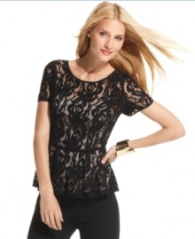 The silhouette of the season -- the peplum -- goes wildly chic when rendered in delicate lace! INC's petite top also features stylish button closures up the back.