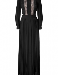 Make a dramatic evening debut in By Malene Birgers floor-lengh pleated black silk gown, complete with trend-favorite lace panels for a lady-chic edge of after-hours elegance - Rounded neckline, long sleeves, buttoned cuffs, tailored waistline, sheer back, buttoned key-hole cut-out at nape - Finish with platform sandals and a clutch