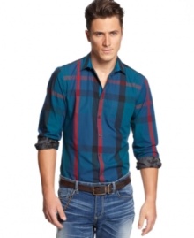 A bold plaid print gives this INC International Concepts button down shirt a contemporary edge.