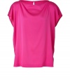 Up the ante on easy elegance with Vinces hot pink boatneck silk top - Short sleeves and flattering, wide neckline - Drape detail at collar - On trend, boxy cut crops just below hips - Key hole at back - Pair with skinny jeans, shorts, pencil skirts or cropped trousers