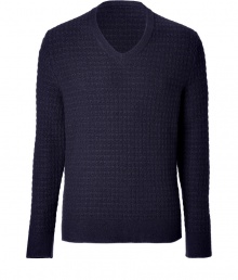 Work an exquisitely luxurious edge into your contemporary knitwear collection with Marc Jacobs navy textural knit cashmere pullover - V-neckline, long sleeves, contrast knit trim - Modern slim, straight fit - Pair with everything from jeans and tees to chic blazers and slick lace-ups Work an exquisitely luxurious edge into your contemporary knitwear collection with Marc Jacobs navy textural knit cashmere pullover - V-neckline, long sleeves, contrast knit trim - Modern slim, straight fit - Pair with everything from jeans and tees to chic blazers and slick lace-ups