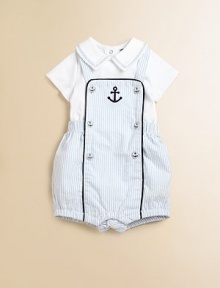 Set sail for this charming two-piece set with nautical embroidery and colorful stripes. Overall SquareneckSleevelessShoulder buttonsElastic waistbandBottom snaps for easy on and off Bodysuit Embroidered, pointed collarShort sleevesBack snapsBottom snapsCottonMachine washImported Please note: Numbers of buttons and snaps may vary depending on size ordered. Set sail for this charming two-piece set with nautical embroidery and colorful stripes. Overall SquareneckSleevelessShoulder buttonsElastic waistbandBottom snaps for easy on and off Bodysuit Embroidered, pointed collarShort sleevesBack snapsBottom snapsCottonMachine washImported Please note: Numbers of buttons and snaps may vary depending on size ordered.