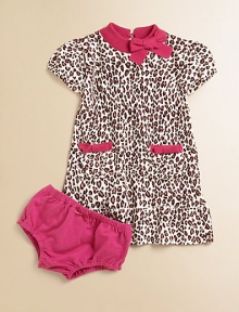 Here's the spot for a wild and fun animal print in a soft, sweater-y knit with bright contrast trim.Contrast ribbed crew neckline with bowShort sleeves with elasticized cuffsKeyhole button back closeFront patch pockets with contrast bow trimA-line shapeRuffled hemCoordinating bloomers with elasticized waist and leg openingsRamie/cottonMachine washImported Here's the spot for a wild and fun animal print in a soft, sweater-y knit with bright contrast trim.Contrast ribbed crew neckline with bowShort sleeves with elasticized cuffsKeyhole button back closeFront patch pockets with contrast bow trimA-line shapeRuffled hemCoordinating bloomers with elasticized waist and leg openingsRamie/cottonMachine washImported