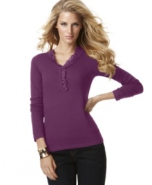 The classic henley shirt gets a feminine makeover from INC with satin trim and delicate ruffles!