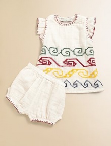 Bands of colorful embroidery decorate this charming set, finished with a whip stitch detail.CrewneckShort sleevesPullover styleMatching bloomer with elastic waist and leg openings CottonMachine washImported Bands of colorful embroidery decorate this charming set, finished with a whip stitch detail.CrewneckShort sleevesPullover styleMatching bloomer with elastic waist and leg openings CottonMachine washImported