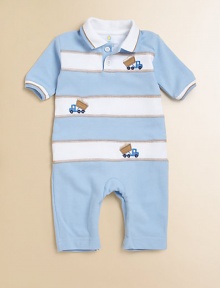 A dapper one-piece for baby in ultra-soft cotton with contrasting stripes and embroidered dumptrucks.Shirt collarShort sleevesButton frontBottom snapsCottonMachine washImported Please note: Number of buttons and snaps may vary depending on size ordered. A dapper one-piece for baby in ultra-soft cotton with contrasting stripes and embroidered dumptrucks.Shirt collarShort sleevesButton frontBottom snapsCottonMachine washImported Please note: Number of buttons and snaps may vary depending on size ordered.