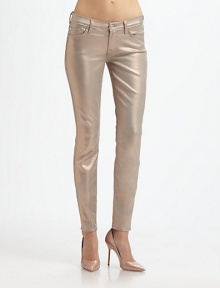 Coated with a metallic layer, these futuristic, mid-rise skinnies have a liquid-shine finish and retain an excellent stretch, making them the perfect nighttime style. THE FITMedium rise, about 8Inseam, about 30Leg opening, about 10THE DETAILSZip flyFive-pocket style78% cotton/20% polyester/2% spandexHand washMade in USAModel shown is 5'11 (178cm) wearing US size 4. Coated with a metallic layer, these futuristic, mid-rise skinnies have a liquid-shine finish and retain an excellent stretch, making them the perfect nighttime style. THE FITMedium rise, about 8Inseam, about 30Leg opening, about 10THE DETAILSZip flyFive-pocket style78% cotton/20% polyester/2% spandexHand washMade in USAModel shown is 5'11 (178cm) wearing US size 4.