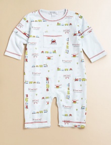 Cheery little freight trains chug and puff their way across soft pima cotton knit to keep your little guy comfy as he follows his own track.Solid color polo collar Contrast stitching Long sleeves Patch chest pocket with locomotive embroidery Front snaps Snap legs Cotton Machine wash Imported Please note: Number of snaps may vary depending on size ordered. 