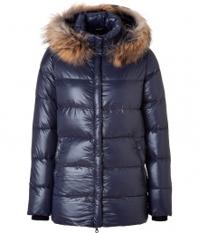 Stay warm while maintaining your impeccable style in this lightweight yet luxe down jacket from Duvetica - Fur-lined hood, front two-way zip closure, long sleeves, zip pockets, quilted - Modern straight fit - Wear with knit pullovers, jeans and weather boots