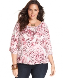 Add cheer to your casual wear with Lucky Brand Jeans' three-quarter-sleeve plus size top, featuring a vibrant print.