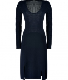 A trend-right take on contemporary knitwear, Jil Sanders textural knit dress counts as one of our office favorites - Soft V-neckline, long sleeves, contrast knit paneling throughout, double front slits, pull-over style - Form-fitting top, full skirt - Wear with sleek carryall totes and heels A trend-right take on contemporary knitwear, Jil Sanders textural knit dress counts as one of our office favorites - Soft V-neckline, long sleeves, contrast knit paneling throughout, double front slits, pull-over style - Form-fitting top, full skirt - Wear with sleek carryall totes and heels
