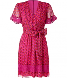 With its ultra feminine styling and bright shades of magenta, Anna Suis printed silk dress is a romantic choice for dressing up day and evening looks alike - V-neckline, sheer short sleeves with lace trim, gathered waist detail with self-tie sash, lace border around the hemline - Softly tailored fit - Wear with bright heels and a form-fitting leather jacket With its ultra feminine styling and bright shades of magenta, Anna Suis printed silk dress is a romantic choice for dressing up day and evening looks alike - V-neckline, sheer short sleeves with lace trim, gathered waist detail with self-tie sash, lace border around the hemline - Softly tailored fit - Wear with bright heels and a form-fitting leather jacket