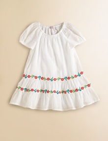 Tailored in airy cotton, this angelic frock is beautifully complemented with ruffled hem and two tiers of colorful, embroidered flowers.Elastic scoopneckShort puffed sleevesPullover styleRuffled hemCottonMachine washImported Tailored in airy cotton, this angelic frock is beautifully complemented with ruffled hem and two tiers of colorful, embroidered flowers.Elastic scoopneckShort puffed sleevesPullover styleRuffled hemCottonMachine washImported