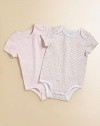 A pack of two adorable bodysuits rendered in ultra-soft printed cotton jersey.Envelope necklineShort sleevesBottom snapsPrinted tag to prevent skin irritationCottonMachine washImported Please note: Number of snaps may vary depending on size ordered. 