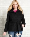 Layer on the style this cold weather season with Dollhouse's plus size belted jacket, featuring a single-breasted design.