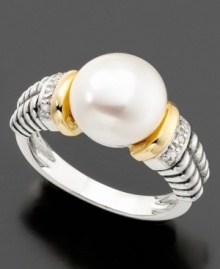 The classic enchantment of the pearl shines brightly in this beautiful 14k gold and sterling silver ring. With a freshwater pearl (10 mm) and diamond accents. Size 7. The classic enchantment of the pearl shines brightly in this beautiful 14k gold and sterling silver ring. With a freshwater pearl (10 mm) and diamond accents. Size 7.