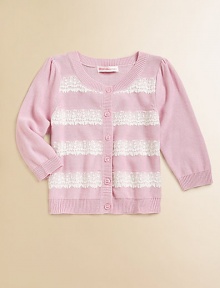 An everyday essential, this cozy knit button-down is embellished with rows of delicate lace.Ribbed round necklineLong sleevesButton-frontRibbed hemRayon/CottonHand washImported Please note: Number of buttons may vary depending on size ordered. An everyday essential, this cozy knit button-down is embellished with rows of delicate lace.Ribbed round necklineLong sleevesButton-frontRibbed hemRayon/CottonHand washImported Please note: Number of buttons may vary depending on size ordered.