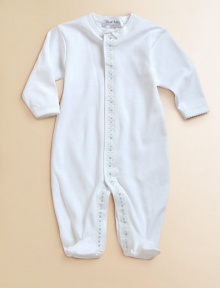 The softest cotton one-piece, with attached feet and charming blue dot trim.Snap closuresLong sleevesPicot edgingMachine washCottonImported The softest cotton one-piece, with attached feet and charming blue dot trim.Snap closuresLong sleevesPicot edgingMachine washCottonImported