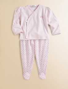 Dainty embroidery and colorful hearts trim the top while a charming allover print styles the footed pants.V-neckLong sleeves with mitten cuffsFront crossover snapsElastic waistPima cottonMachine washImported Please note: Number of snaps may vary depending on size ordered. Dainty embroidery and colorful hearts trim the top while a charming allover print styles the footed pants.V-neckLong sleeves with mitten cuffsFront crossover snapsElastic waistPima cottonMachine washImported Please note: Number of snaps may vary depending on size ordered.