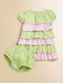 Tiers of contrasting check and polka dot ruffles and a pretty ruffled empire waist transform this soft cotton frock into an eye-catching work of art.CrewneckShort cap sleevesBack buttonsRuffled empire waistCottonMachine washImported Please note: Number of buttons may vary depending on size ordered. Tiers of contrasting check and polka dot ruffles and a pretty ruffled empire waist transform this soft cotton frock into an eye-catching work of art.CrewneckShort cap sleevesBack buttonsRuffled empire waistCottonMachine washImported Please note: Number of buttons may vary depending on size ordered.