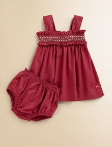 This adorable, frilly set with matching bloomers is the perfect every day ensemble.Squareneck with ruched ruffle trimWide strapsSmocked bodiceMatching bloomers with elastic waistband and leg openingsCottonMachine washImported This adorable, frilly set with matching bloomers is the perfect every day ensemble.Squareneck with ruched ruffle trimWide strapsSmocked bodiceMatching bloomers with elastic waistband and leg openingsCottonMachine washImported