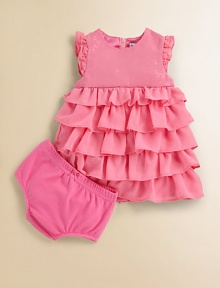 Sparkling sequins and a tiered ruffled skirt lend eye-catching style to this precious dress and bloomers set.Round necklineFlutter sleevesBack zipperTiered ruffled skirtPolyesterHand washImported Please note: Number of buttons may vary depending on size ordered. 