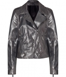 With a subtle sparkle, this metallic leather biker jacket from Faith Connexion ups the style quotient with edgy-cool appeal - Large spread collar, long sleeves with zip cuffs, epaulets, asymmetric front zip closure, zip pockets, stitching details at shoulders and elbows - Fitted silhouette - Wear with a high-low hem blouse, skinny jeans, and high heel booties