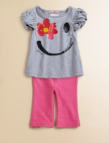 This shiny, happy set will brighten her day with a smiley face and flower graphic.CrewneckShort puff sleevesPullover styleElastic waistbandTee: CottonLeggings: 48% polyester/44% rayon/8% spandexMachine washImportedAdditional InformationKid's Apparel Size Guide This shiny, happy set will brighten her day with a smiley face and flower graphic.CrewneckShort puff sleevesPullover styleElastic waistbandTee: CottonLeggings: 48% polyester/44% rayon/8% spandexMachine washImportedAdditional InformationKid's Apparel Size Guide