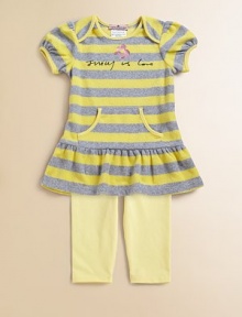 A soft terry tunic adorned with prominent stripes and convenient pockets tops a wear-everywhere basic.Envelope necklineShort cap sleevesPullover styleKangaroo pocketsSkirted hemElastic waistbandGraphic embroideryTunic: 80% cotton/20% polyesterLeggings: 94% cotton/6% spandexMachine washImportedAdditional InformationKid's Apparel Size Guide A soft terry tunic adorned with prominent stripes and convenient pockets tops a wear-everywhere basic.Envelope necklineShort cap sleevesPullover styleKangaroo pocketsSkirted hemElastic waistbandGraphic embroideryTunic: 80% cotton/20% polyesterLeggings: 94% cotton/6% spandexMachine washImportedAdditional InformationKid's Apparel Size Guide