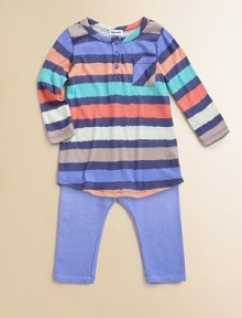 Bright stripes in a soft henley style, delightfully paired with solid leggings.Round necklineButton placketOne patch chest pocketLong sleevesShirttail hemLeggings with elasticized waist47% cotton/47% modal/6% spandexMachine washImported Please note: Number of buttons may vary depending on size ordered. Bright stripes in a soft henley style, delightfully paired with solid leggings.Round necklineButton placketOne patch chest pocketLong sleevesShirttail hemLeggings with elasticized waist47% cotton/47% modal/6% spandexMachine washImported Please note: Number of buttons may vary depending on size ordered.