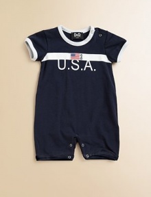 Baby will be ready for the races in this adorable one-piece Team USA tracksuit with contrasting trim and plenty of snaps for easy on and off.Crewneck with snapsShort sleevesBottom snaps90% cotton/10% spandexMachine washImported Please note: Number of snaps may vary depending on size ordered. Baby will be ready for the races in this adorable one-piece Team USA tracksuit with contrasting trim and plenty of snaps for easy on and off.Crewneck with snapsShort sleevesBottom snaps90% cotton/10% spandexMachine washImported Please note: Number of snaps may vary depending on size ordered.