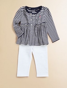 An essential three-piece set, perfect for mixing and matching, features a striped cardigan An essential three-piece set, perfect for mixing and matching, features a striped cardigan