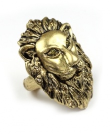 Only the most courageous fashionista would dare to wear a ring so bold. RACHEL Rachel Roy's wild style features an intricate lion head. Crafted in gold tone mixed metal with glittering glass accents. Ring adjusts to fit finger. Only the most courageous fashionista would dare to wear a ring so bold. RACHEL Rachel Roy's wild style features an intricate lion head. Crafted in gold tone mixed metal with glittering glass accents. Ring adjusts to fit finger.