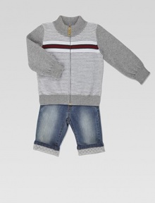 Cozy, classic full zip knit with stripes, signature web and ribbed details. Ribbed stand collarLong sleevesFull front zipperRibbed cuffs and waistbandCottonHand washMade in Italy Cozy, classic full zip knit with stripes, signature web and ribbed details. Ribbed stand collarLong sleevesFull front zipperRibbed cuffs and waistbandCottonHand washMade in Italy