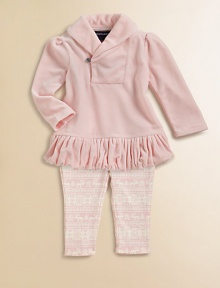 An essential soft velour set includes a shawl-collar tunic and a Nordic-inspired printed legging for a timeless heritage look and extra warmth. Tunic Shawl collarLong sleevesSingle crystal buttonRuffled hem Leggings Elastic waistbandTapered legCottonMachine washImported Please note: number of buttons may vary depending on size ordered. An essential soft velour set includes a shawl-collar tunic and a Nordic-inspired printed legging for a timeless heritage look and extra warmth. Tunic Shawl collarLong sleevesSingle crystal buttonRuffled hem Leggings Elastic waistbandTapered legCottonMachine washImported Please note: number of buttons may vary depending on size ordered.