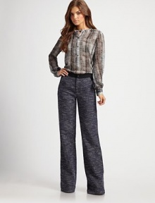 Inspired by wide-leg denim, a sophisticated tweed style with down-to-earth elegance.Button closureZip flyBack pocketsInseam, about 9 42% linen/40% cotton/17% viscose/1% silkMade in USA of Italian fabricDry clean Inspired by wide-leg denim, a sophisticated tweed style with down-to-earth elegance.Button closureZip flyBack pocketsInseam, about 9 42% linen/40% cotton/17% viscose/1% silkMade in USA of Italian fabricDry clean