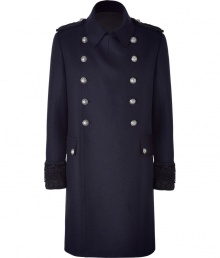 Bundle up in style in this fine navy-blue wool coat - Military style with classic double-breast, shoulder bars, wide sleeves, flap pockets and silver buttons - Lifetime investment piece - Wear with a suit, or casual jeans or corduroys and a cashmere pullover Bundle up in style in this fine navy-blue wool coat - Military style with classic double-breast, shoulder bars, wide sleeves, flap pockets and silver buttons - Lifetime investment piece - Wear with a suit, or casual jeans or corduroys and a cashmere pullover