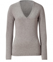 Exquisitely soft in chic cashmere, Brunello Cucinellis heathered V-neck lends a luxurious polish to casual daytime looks - Softly scooped V-neckline, long sleeves, sueded elbow patches, fine ribbed trim - Classic straight fit - Team with tailored button-downs and dressy trousers, or with tissue tees, favorite jeans and flats