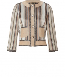 Elevate your workweek style with this luxe striped jacket from Etro - Round neck, front button placket, patch pockets, three-quarter sleeves, colorblock waistband with back slits, all-over multi-stripe print - Pair with cropped trousers, a sheer blouse, and platforms