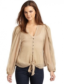 THE LOOKV necklineButton-front closure with tie detailLong sleeves with lace detailElastic cuffsSheer, crinkled silkTHE FITAbout 23½ from shoulder to hemTHE MATERIALSilkCARE & ORIGINDry cleanImportedModel shown is 5' 9½ (176cm) wearing US size Small. THE LOOKV necklineButton-front closure with tie detailLong sleeves with lace detailElastic cuffsSheer, crinkled silkTHE FITAbout 23½ from shoulder to hemTHE MATERIALSilkCARE & ORIGINDry cleanImportedModel shown is 5' 9½ (176cm) wearing US size Small.