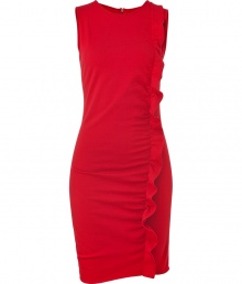 An eye-catching ruffle embellishment elevates this scarlet Azzaro dress from cocktail-ready to simply sublime - Ultra-feminine, curve-hugging cut - Sleeveless sheath style, with elegant, asymmetric drape detail - Hits above the knee and zips at back - Perfect for parties and evenings out - Pair with a clutch and platform pumps or strappy sandals