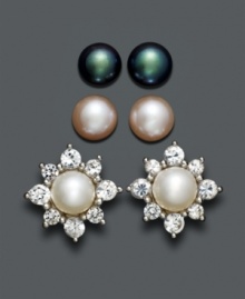 A trio of earrings to cover every evening. Alternate between stunning cultured freshwater pearl studs (5-6 mm) and a dazzling flower crafted from cultured freshwater pearl surrounded by white topaz petals (3/7 ct. t.w.). Approximate flower stud diameter: 1/4 inch. A trio of earrings to cover every evening. Alternate between stunning cultured freshwater pearl studs (5-6 mm) and a dazzling flower crafted from cultured freshwater pearl surrounded by white topaz petals (3/7 ct. t.w.). Approximate flower stud diameter: 1/4 inch.