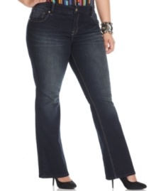 Team up the season's hottest tops with Baby Phat's bootcut plus size jeans, featuring a sleek dark wash.