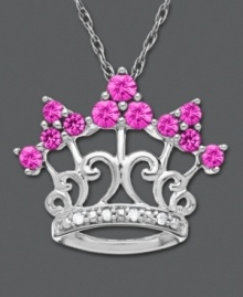 For the princess who loves pink. This crown pendant features vibrant round-cut pink sapphire (3/4 ct. t.w.) and sparkling diamond accents. Set in sterling silver. Approximate length: 18 inches. Approximate drop: 5/8 inch. For the princess who loves pink. This crown pendant features vibrant round-cut pink sapphire (3/4 ct. t.w.) and sparkling diamond accents. Set in sterling silver. Approximate length: 18 inches. Approximate drop: 5/8 inch.