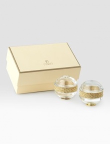 Crystal clear spheres are encircled by 14k gold-plated bands accented with yellow Swarovski crystals. Also available with platinum-plated bands accented with white crystals. Lead-free crystal Gift boxed Imported Crystal clear spheres are encircled by 14k gold-plated bands accented with yellow Swarovski crystals. Also available with platinum-plated bands accented with white crystals. Lead-free crystal Gift boxed Imported