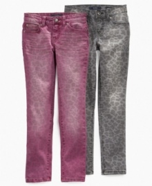 Her fierceness will show through in these Jessica Simpson Kiss Me skinny jeans, which feature a subtle, fun leopard print on the skinny silhouette. Her fierceness will show through in these Jessica Simpson Kiss Me skinny jeans, which feature a subtle, fun leopard print on the skinny silhouette.