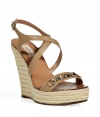 Inject high style to your warm weather look with these ultra-luxe espadrille wedge sandals from Valentino - Stud-detailed front strap, crisscross ankle strap with buckle closure, espadrille wedge heel - Style with a pleated maxi dress and a studded shoulder bag