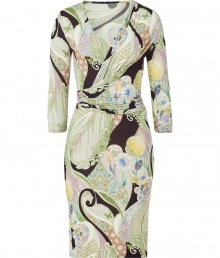 A fun floral print covers this figure-enhancing draped jersey frock from Etro - V-neck, three-quarter sleeves, faux-wrap top with draping at waistband, fitted silhouette, all-over print - Style with peep-toe pumps and a statement satchel