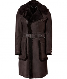 Invest in high style with this supple shearling coat from British heritage brand Belstaff Large spread collar, epaulets, long sleeves with belted cuffs, adjustable waist belt, single flap chest pockets, large flap pockets at hips, shearling lining and trim - Slim, fitted silhouette - Pair with straight leg jeans or sleek trousers, a wool pullover, and suede ankle boots